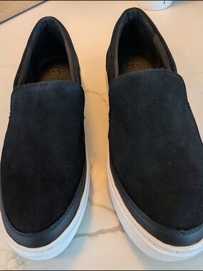 UGG Women’s Black Suede Slip-On Loafers with White Sole